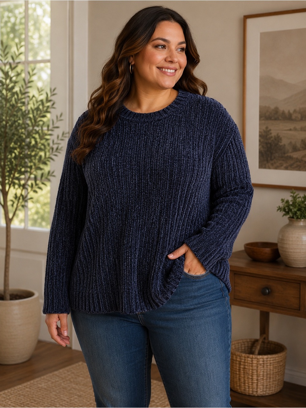 JACHS Girlfriend Navy Chenille Sweater Cozy Chunky Knit Oversized. Ptp 24